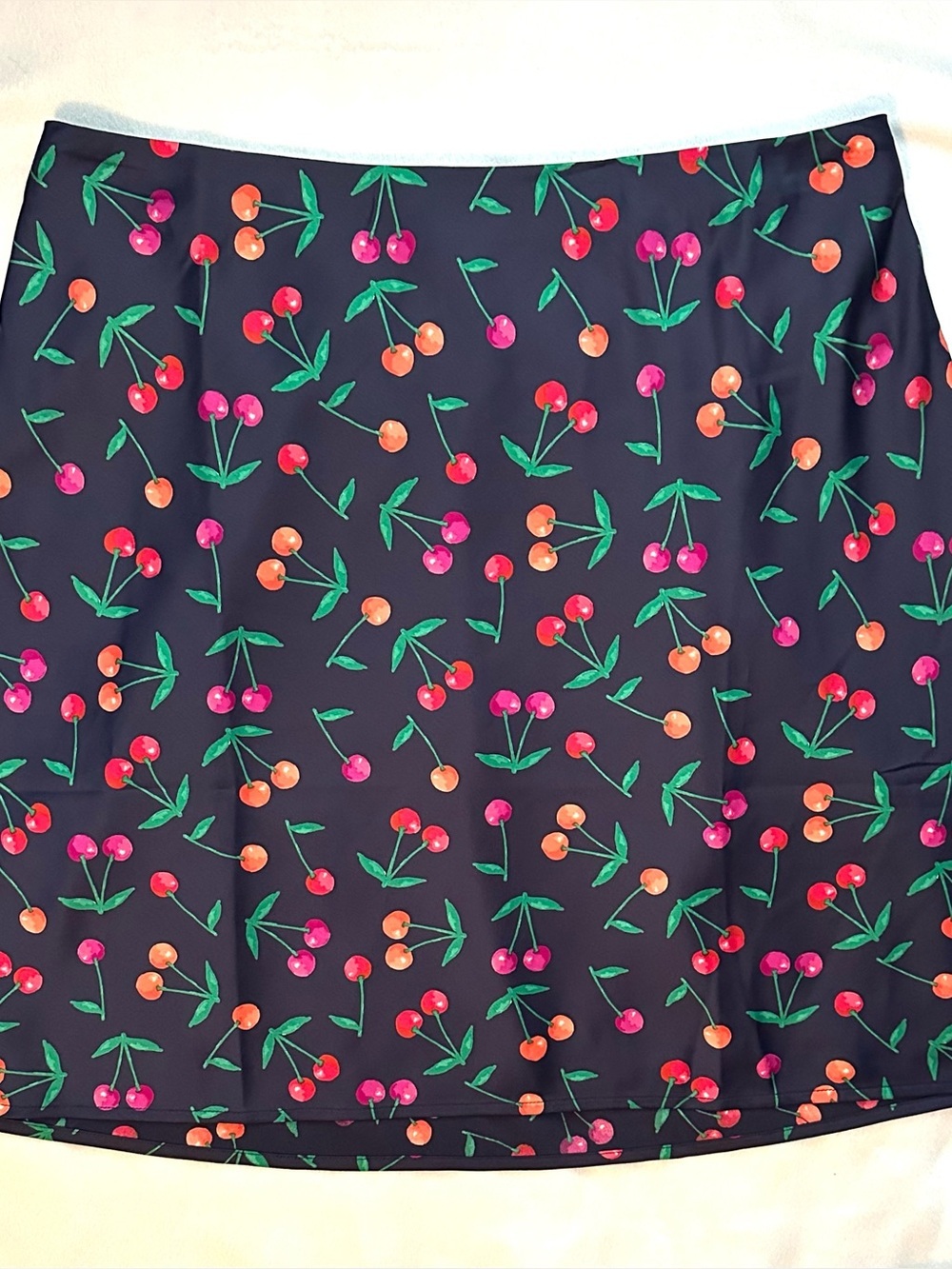 J.Crew Factory Mini Slip Navy Blue Cherries Cute Skirt L Pull On NWT Summer